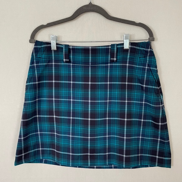 Nike Dri-Fit Golf Skort Side Zip Blue Turquoise Tartan Plaid Size 8 - Picture 1 of 8